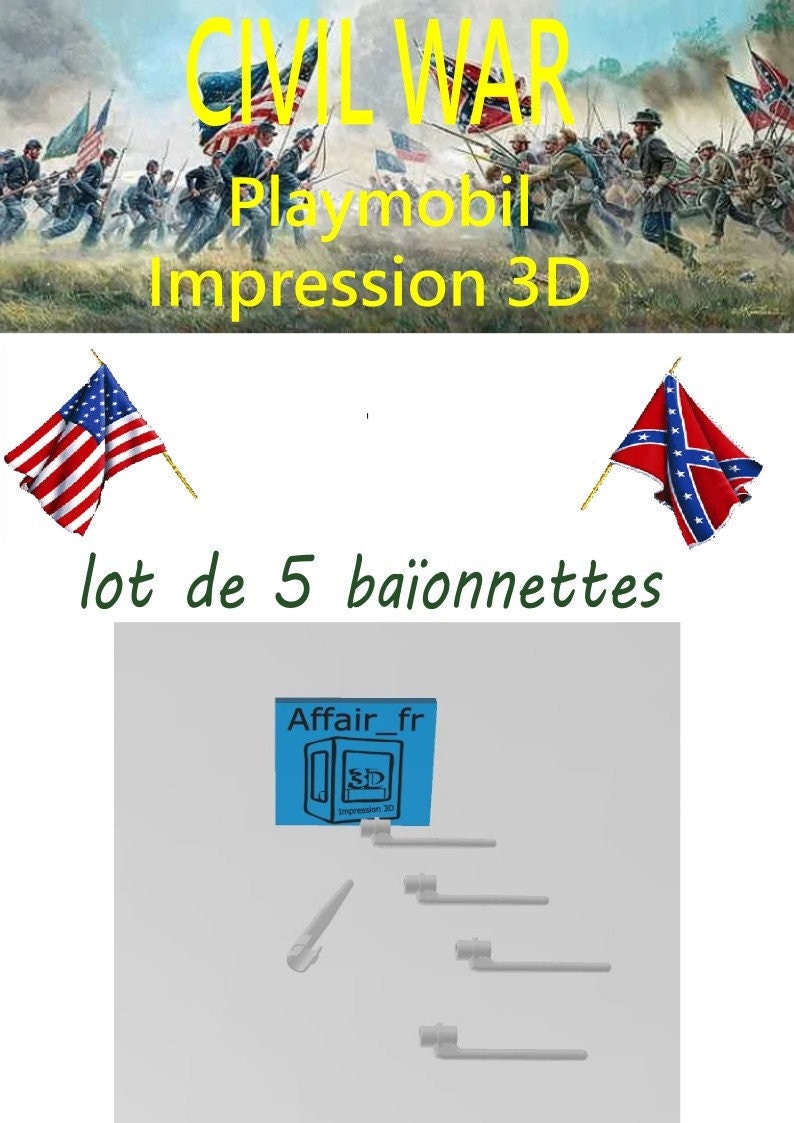 Custom compatible Playmobil ACW in 3D - 1 set of 5 bayonets