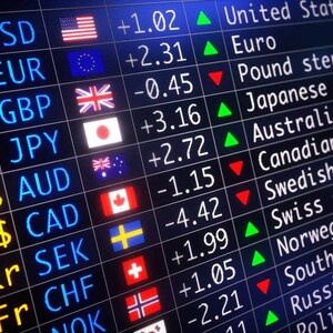 Op de afbeelding: Een digitaal display dat wisselkoersen voor verschillende valuta weergeeft, waaronder de Amerikaanse dollar, de euro, het Britse pond, de Japanse yen, de Australische dollar, de Canadese dollar, de Zweedse kroon, de Zwitserse frank, de Noorse kroon, de Zuid-Koreaanse won, de Russische roebel, de Poolse złoty en de Indiase roepie.