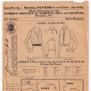 RARE Antique - Vintage Sewing Pattern Ladies&#39; Plain Waist Blouse 1910s McCall W.I. Special No. 1 Woman&#39;s Institute