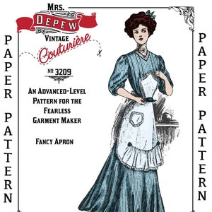 May include: Vintage sewing pattern for a fancy apron. The pattern is labeled "Mrs. Depew Vintage Couturiere No. 3209" and describes the pattern as an "Advanced-Level Pattern for the Fearless Garment Maker". The pattern features a black and white illustration of a woman wearing the apron.
