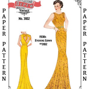 May include: A vintage paper pattern for a 1930s evening gown, illustrated in golden yellow. The dress has a flowing design and a decorative pattern. The pattern is labelled "Mrs. Depew Vintage No. 3102". The text "Evening Gown" is also visible.