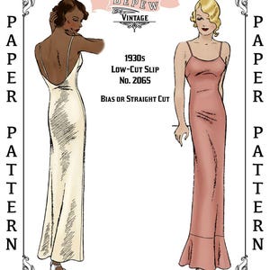 May include: Vintage paper pattern illustration featuring two women in 1930s low-cut slips. The illustration includes the text "MRS. DEPEW VINTAGE", "1930s LOW-CUT SLIP No. 2065", and "BIAS OR STRAIGHT CUT". The dresses are floor-length.