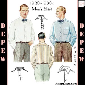 Menswear Vintage Sewing Pattern 1920s 1930s Men's Shirt with Collar Options #3098 -INSTANT DOWNLOAD-