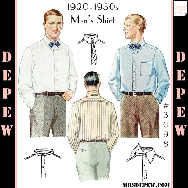 Camicia da uomo vintage degli anni '20 e '30, modello di cucito vintage con opzioni colletto #3098 -DOWNLOAD IMMEDIATO-