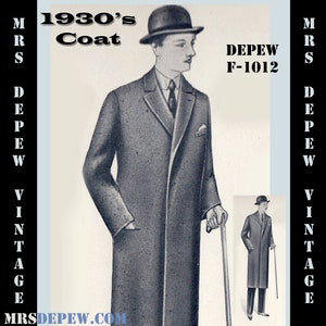 Menswear Vintage Sewing Pattern 1930s Men's Coats in Any Size Plus Size Included Depew F-1012 INSTANT DOWNLOAD image 1