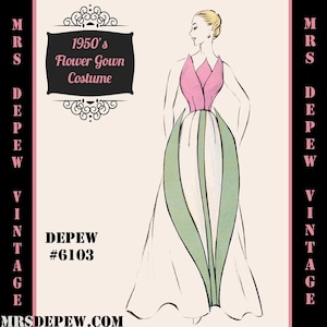May include: A vintage sewing pattern for a 1950's flower gown costume. The pattern is illustrated with a woman wearing a pink and white gown with green leaves. The pattern number is #6103.