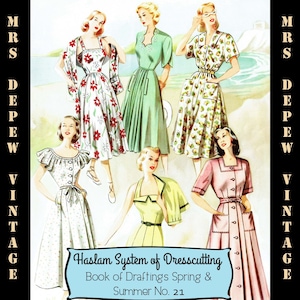 Könnte beinhalten: Vintage-Illustration von fünf Frauen in verschiedenen Kleidern. Die Illustration stammt aus einem Buch mit dem Titel "Haslam System of Dresscutting Book of Draftings Spring & Summer No. 21".