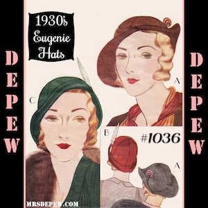 Patron de couture vintage des années 1930 pour femmes, Eugénie, chapeaux n° 1036 - TÉLÉCHARGEMENT IMMÉDIAT