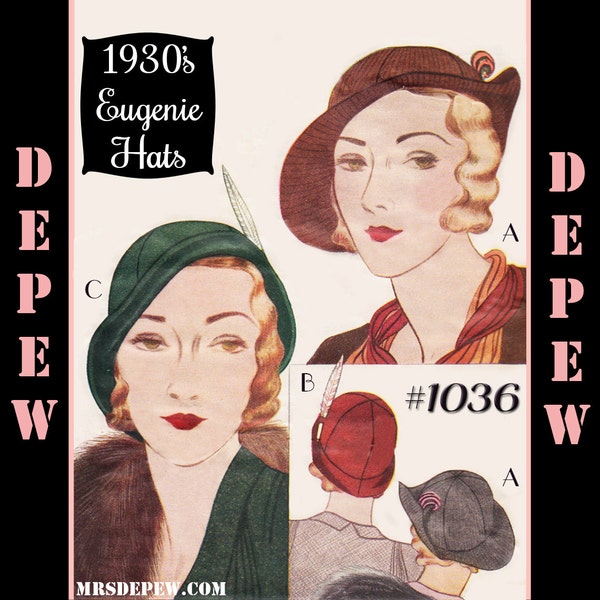 vintage Couture Pattern 1930s Ladies' Eugenie Hats #1036 - TÉLÉCHARGEMENT INSTANTANÉ