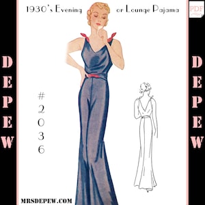Könnte beinhalten: Eine Vintage-Nähvorlagen-Illustration für ein Abendkleid oder einen Loungepjjama aus den 1930er Jahren. Das Schnittmuster ist für ein langes, ärmelloses Kleid mit V-Ausschnitt und breitem Bund. Das Kleid hat ein tailliertes Oberteil und einen fließenden Rock. Die Schnittmuster-Nummer ist 2036.