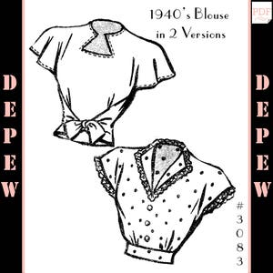 Vintage Sewing Pattern 1940's Ladies' 2 Version Blouses 34" Bust #3083 -INSTANT DOWNLOAD-