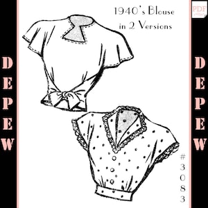 Vintage Sewing Pattern 1940&#39;s Ladies&#39; 2 Version Blouses 34&quot; Bust #3083 -INSTANT DOWNLOAD-