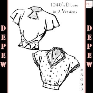 Vintage Sewing Pattern 1940's Ladies' 2 Version Blouses 34" Bust #3083 -INSTANT DOWNLOAD-