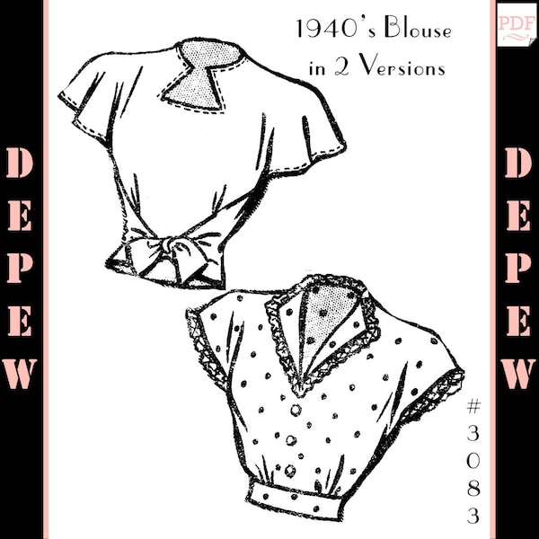 Vintage Sewing Pattern 1940's Ladies' 2 Version Blouses 34" Bust #3083 -INSTANT DOWNLOAD-