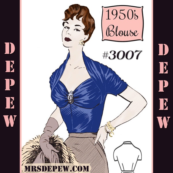 vintage Sewing Pattern 1950's Ladies' French Draped Blouse Multi Size #3007 -Téléchargement instantané-