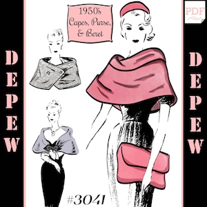 Vintage Sewing Pattern Print-at-Home 1950s Capes, Purse and Beret #3041 - INSTANT DOWNLOAD