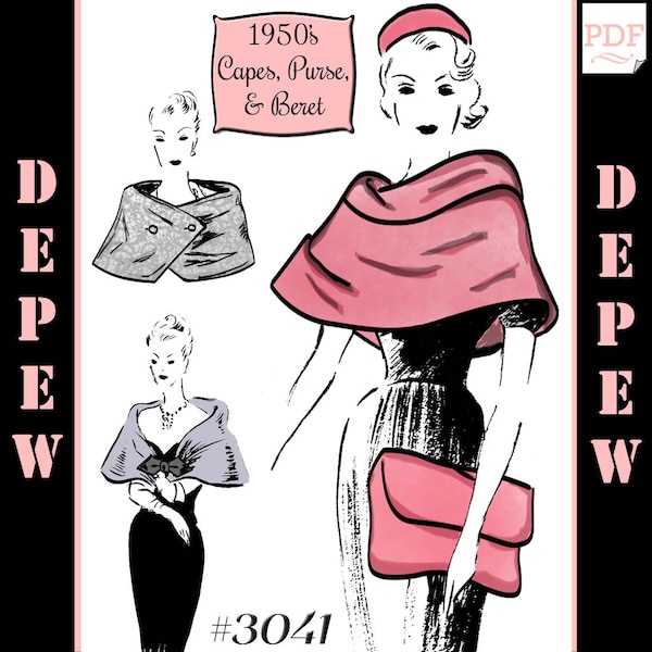 Vintage Sewing Pattern Print-at-Home 1950s Capes, Purse and Beret #3041 - INSTANT DOWNLOAD