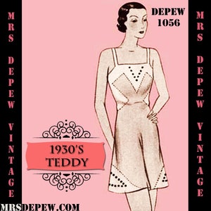 May include: Vintage illustration of a 1930's teddy. The design features a sleeveless, knee-length garment with a V-neckline and decorative dotted accents. The image includes the text "DEPEW 1056" and "1930'S TEDDY".