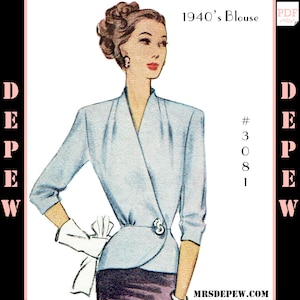 Puede incluir: Un patrón de costura vintage para una blusa de los años 1940. El patrón está ilustrado con una mujer usando la blusa. El número del patrón es 3081.