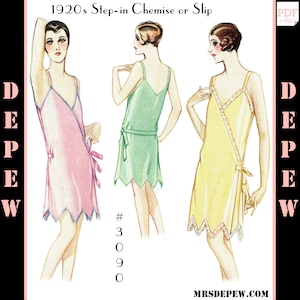 May include: A vintage sewing pattern for a 1920s step-in chemise or slip. The pattern shows three different styles of the garment, each with a different color and trim. The pattern is labeled "#3090" and "MRSDEPEW.COM".