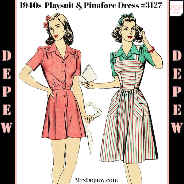 Vintage Sewing Pattern 1940s Ladies' Playsuit Blouse, Shorts and Pinafore Dress Multisize #3127 -INSTANT DOWNLOAD-