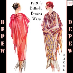 May include: A vintage illustration of two women wearing 1920's butterfly evening wraps. The woman on the left is wearing a pink wrap with a bow detail. The woman on the right is wearing a wrap with a blue and gold pattern. The text '1920's Butterfly Evening Wrap' is written above the illustration.