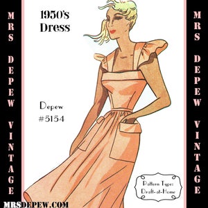 May include: A vintage sewing pattern for a 1950s dress with a square neckline, cap sleeves, and pockets. The pattern is called "Depew #5154" and is a "Draft-at-Home" pattern.