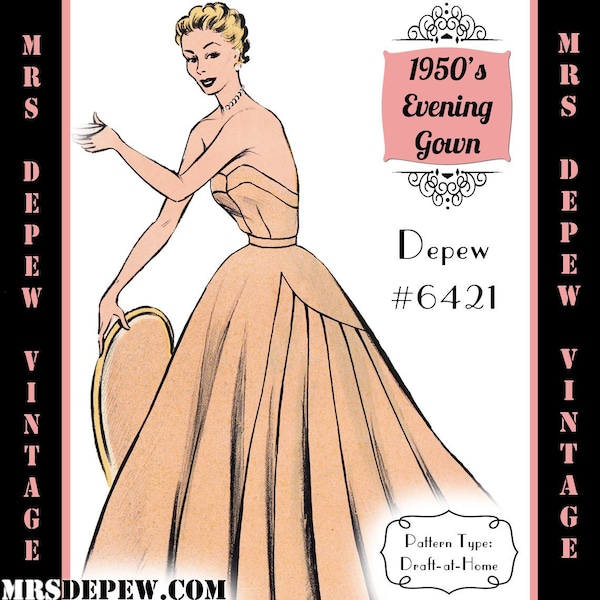 Vintage Sewing Pattern Template & Scale Rulers 1950s Ladies' Strapless Evening Gown -Any Size - PLUS Size Included -  6421-INSTANT DOWNLOAD-