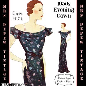May include: Vintage 1930s evening gown sewing pattern, draft-at-home, by Mrs. Depew #1174. The pattern shows a black and pink floral print gown with a scoop neckline and short, ruffled sleeves.
