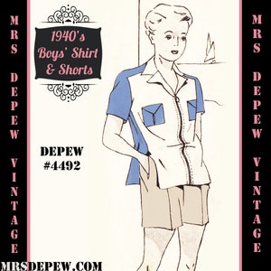 May include: A vintage sewing pattern for a boy's shirt and shorts from the 1940s. The pattern is illustrated with a drawing of a boy wearing the outfit. The pattern is titled "1940's Boys' Shirt & Shorts" and has the number "#4492" printed on it.