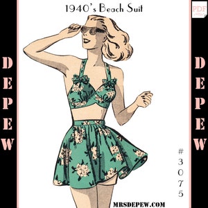 Vintage Sewing Pattern Ladies' 1940s Beach Bra and Skirt Bathing Suit #3075 - INSTANT DOWNLOAD