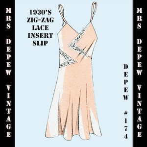 May include: A vintage 1930's zig-zag lace insert slip. The slip is a pale pink color with a white lace trim. The lace trim is in a zig-zag pattern. The slip has a V-neck and thin straps.