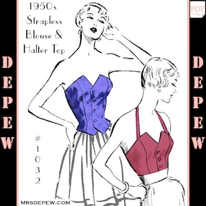 Patrón de costura vintage blusas sin tirantes y halter top estilo años 50 multi y talla grande 1032 -DESCARGA INSTANTE-