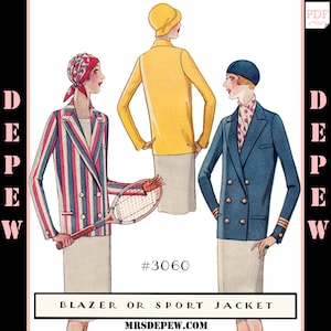 May include: A vintage sewing pattern for a blazer or sport jacket. The pattern shows three women wearing different styles of jackets. One jacket is yellow, one is blue, and one is striped. The pattern number is #3060. The text "MrsDepEW.com" is at the bottom of the image.
