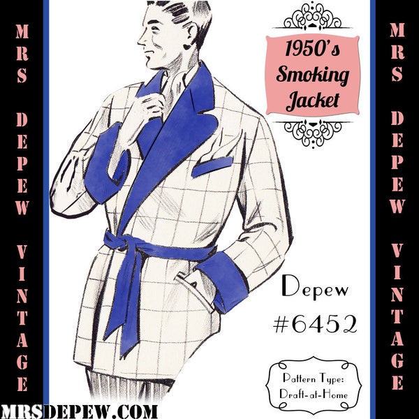 Menswear Vintage Sewing Pattern Template & Scale Rulers 1950s Men's Smoking Jacket Any Size 6452 - Plus Size Included -INSTANT DOWNLOAD-