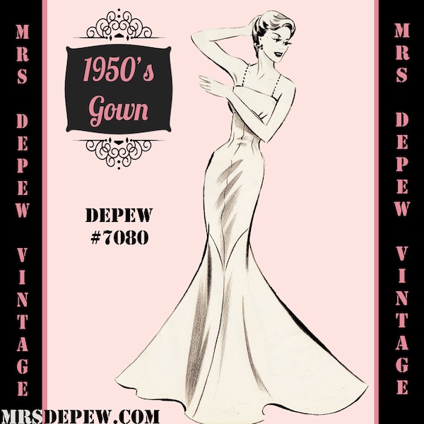 Vintage Sewing Pattern 1950s Evening Gown or Wedding Dress in Any Size - PLUS Size Included -  7080 -INSTANT DOWNLOAD-