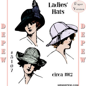 Vintage Edwardian Sewing Pattern 1910s Ladies’ Wide Brim Hats 1912 #3107 -PAPER Version-