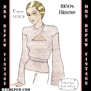 May include: A vintage 1930s sewing pattern for a blouse, with a drawing of a woman wearing the blouse. The pattern is called "Depew #1769" and is a "Draft-at-Home" pattern.