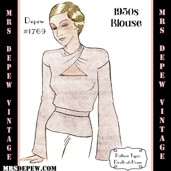 Vintage Sewing Pattern Template & Scale Rulers 1930's Wrap Neck Blouse- Any Size- Plus Size Included-  C-1769 -INSTANT DOWNLOAD-