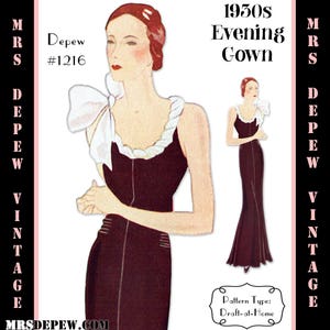 May include: Vintage 1930s evening gown sewing pattern, draft-at-home, by Mrs. Depew #1216. The pattern shows a woman wearing a black gown with a white bow and a white trim around the neckline.