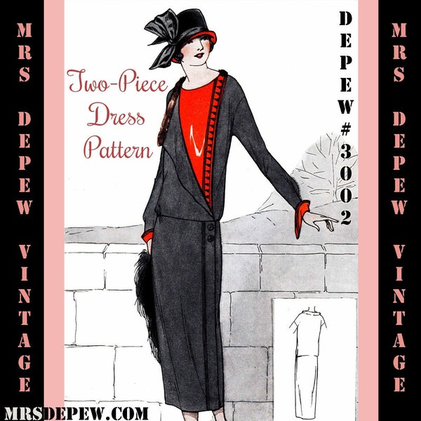 Instrucciones de patrón de costura vintage década de 1920 Vestido fácil de dos piezas Ebook PDF Depew 3002 -DESCARGA INSTANTE-
