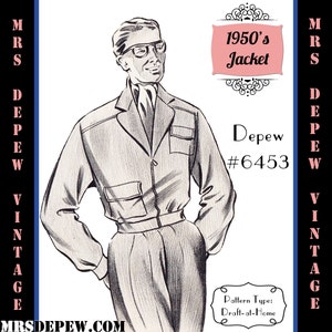 Menswear Vintage Sewing Pattern 1950&#39;s Men&#39;s Jacket in Any Size Depew 6453 - Plus Size Included -INSTANT DOWNLOAD-