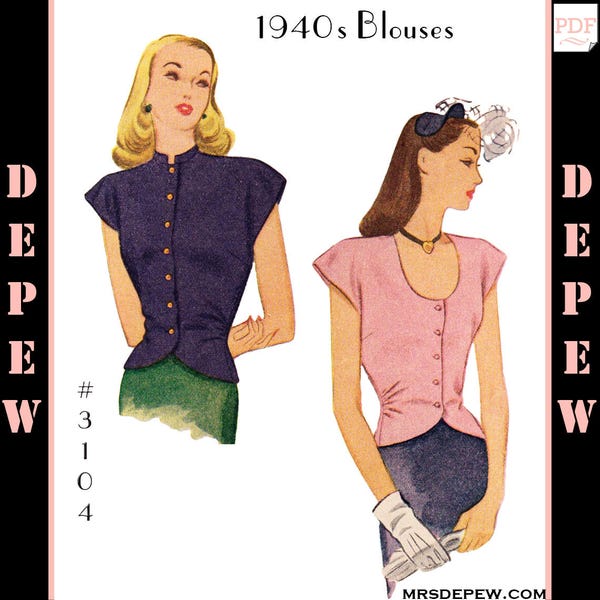 Vintage Sewing Pattern Ladies' 1940s Button-Down Blouse 38" Bust #3104 -INSTANT DOWNLOAD