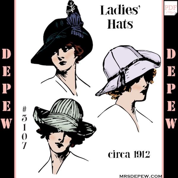 Vintage Edwardian Sewing Pattern 1910s Ladies’ Wide Brim Hats 1912 #3107 -INSTANT DOWNLOAD-