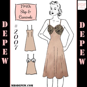 May include: A vintage 1940s slip and camisole sewing pattern, #2007, with a line drawing of a woman wearing the garment. The pattern is available as a PDF download.