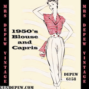 Vintage Sewing Pattern Template & Scale Rulers 1950s Capris Pants and Blouse in Any Size - PLUS Size Included -  6158 -INSTANT DOWNLOAD-