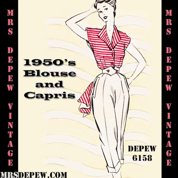 Vintage Sewing Pattern Template & Scale Rulers 1950s Capris Pants and Blouse in Any Size - PLUS Size Included -  6158 -INSTANT DOWNLOAD-