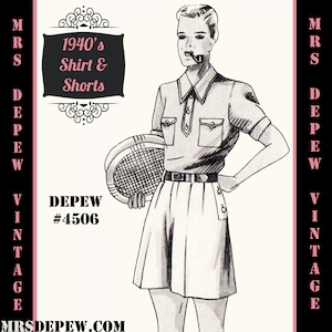 Puede incluir: Una ilustración en blanco y negro de una mujer con una camisa y pantalones cortos de estilo de los años 40. Ella sostiene una raqueta de tenis y tiene un cigarrillo en la boca. El texto "1940's Shirt & Shorts" está por encima de su cabeza. El texto "DEPEW #4506" está debajo de ella. El texto "MRS DEPEW.COM" está en la parte inferior de la imagen.