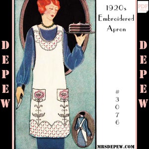 One Size Fits All Vintage Sewing Pattern 1920s Ladies&#39; Embroidered Apron #3076 - INSTANT DOWNLOAD