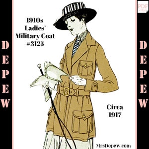 1910s Vintage Sewing Pattern 1917 Ladies&#39; Military Coat Pattern 38&quot; Bust Depew 3125 -INSTANT DOWNLOAD-